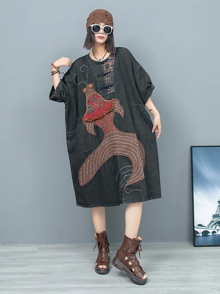 

Embroidered Appliqué Disc Buckle Round Neck Mid-length Short-sleeved Denim Dress Women's Summer Loose Pullover Straight Dress