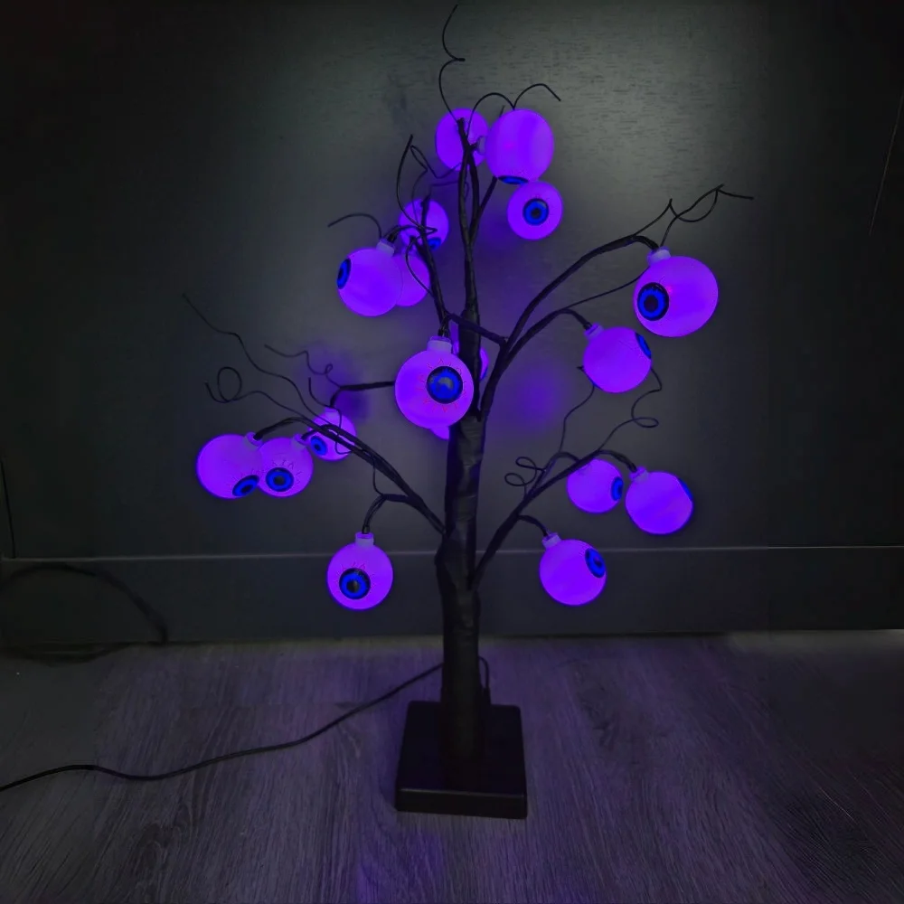1PC 24LED Black Maple Leaf Ghost Eye Tree Light, Halloween Style Desktop Light, Suitable For Decorating Haunted House Parties
