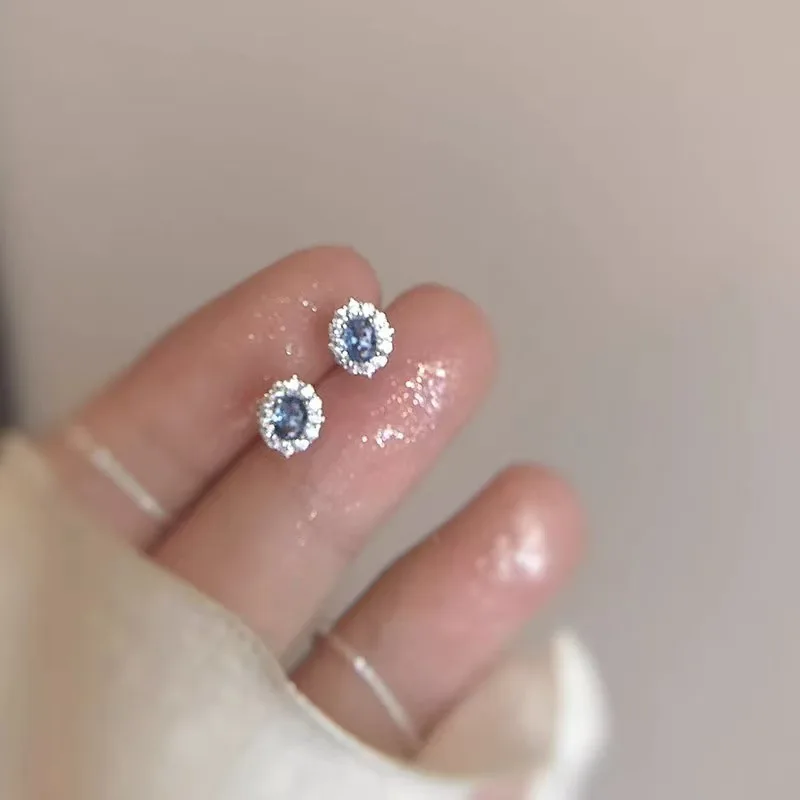 Real 925 Sterling Silver Zircon Oval Mini Stud Earrings For Women Party Classic Fine Jewelry Light Luxury Geometric Accessories
