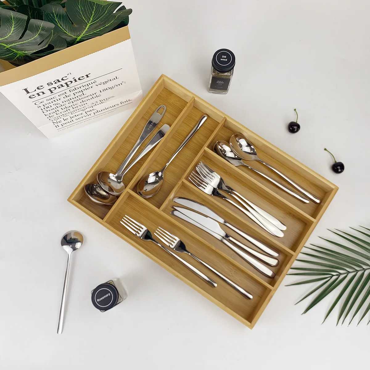 CANBOUNExpandable Drawer Tray Cutlery Organizer Kitchen Silverware Utensil Flatware Cutlery Spoons Knives Bamboo Storage Tray