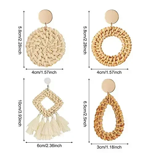 4 Pairs Rattan Earrings Lightweight Geometric Tassel Woven Bohemian Earrings Handmade Straw Wicker Braid Hoop Drop Dangle Earrin