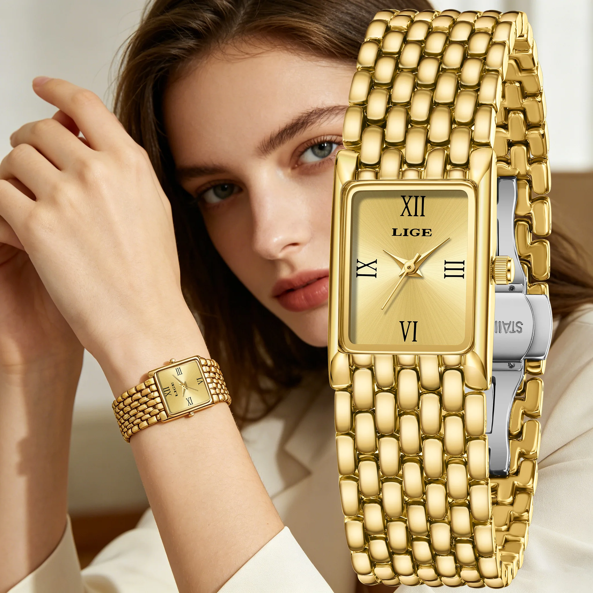 LIGE Fashion New Golden Women's Watch Luxury Quartz Watch Stainless Steel Bracelet Retro 30M Waterproof Watches Women Relojs+Box