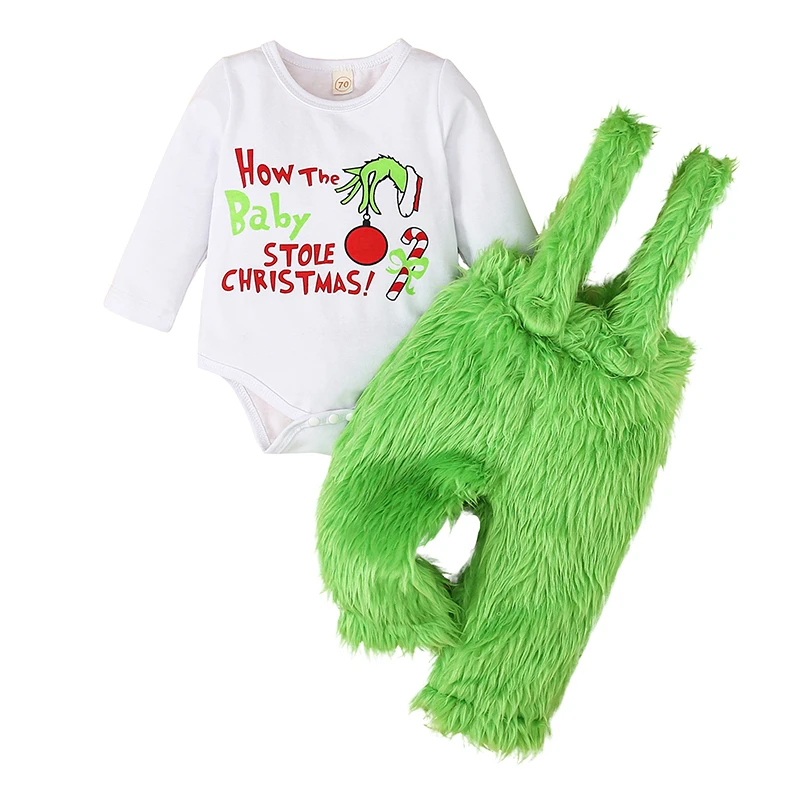 Baby Boys Girls Christmas Green Monster Costume Long Sleeve Rompers Fur Suspender Pants 2Pcs Clothes Outfits Suit