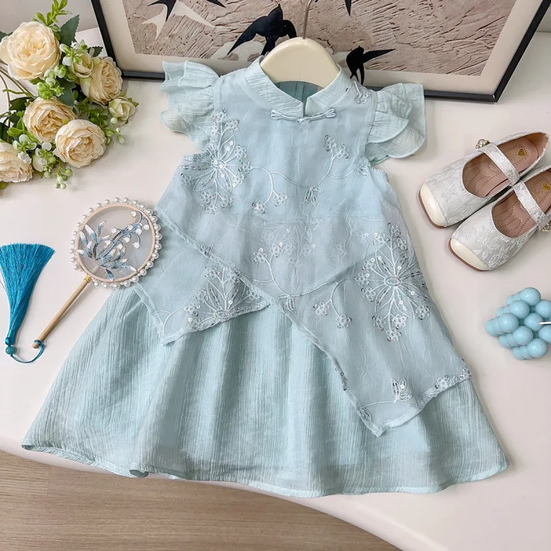 

New Arrival Children's Baby New Chinese Style Dress2025Summer Stylish Girl Fairy Cheongsam Princess Dress