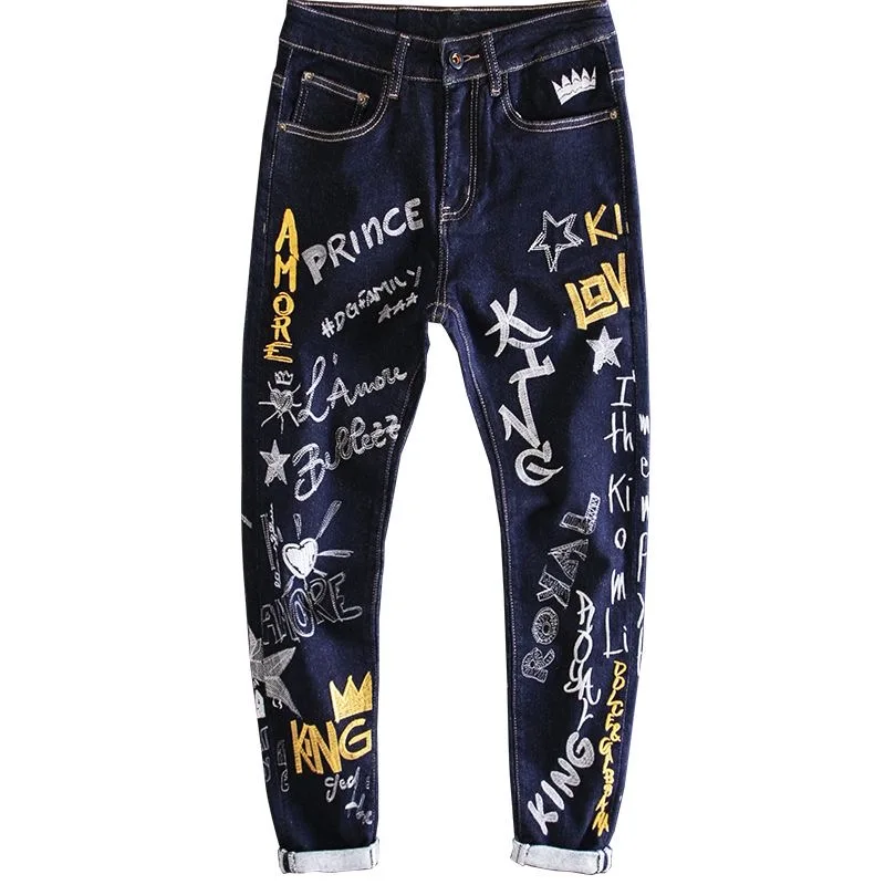 2023 Spring and Autumn New Fashion Printed Embroidery Elastic Small Foot Pants Men Casual Slim Comfortable High Quality Jeans