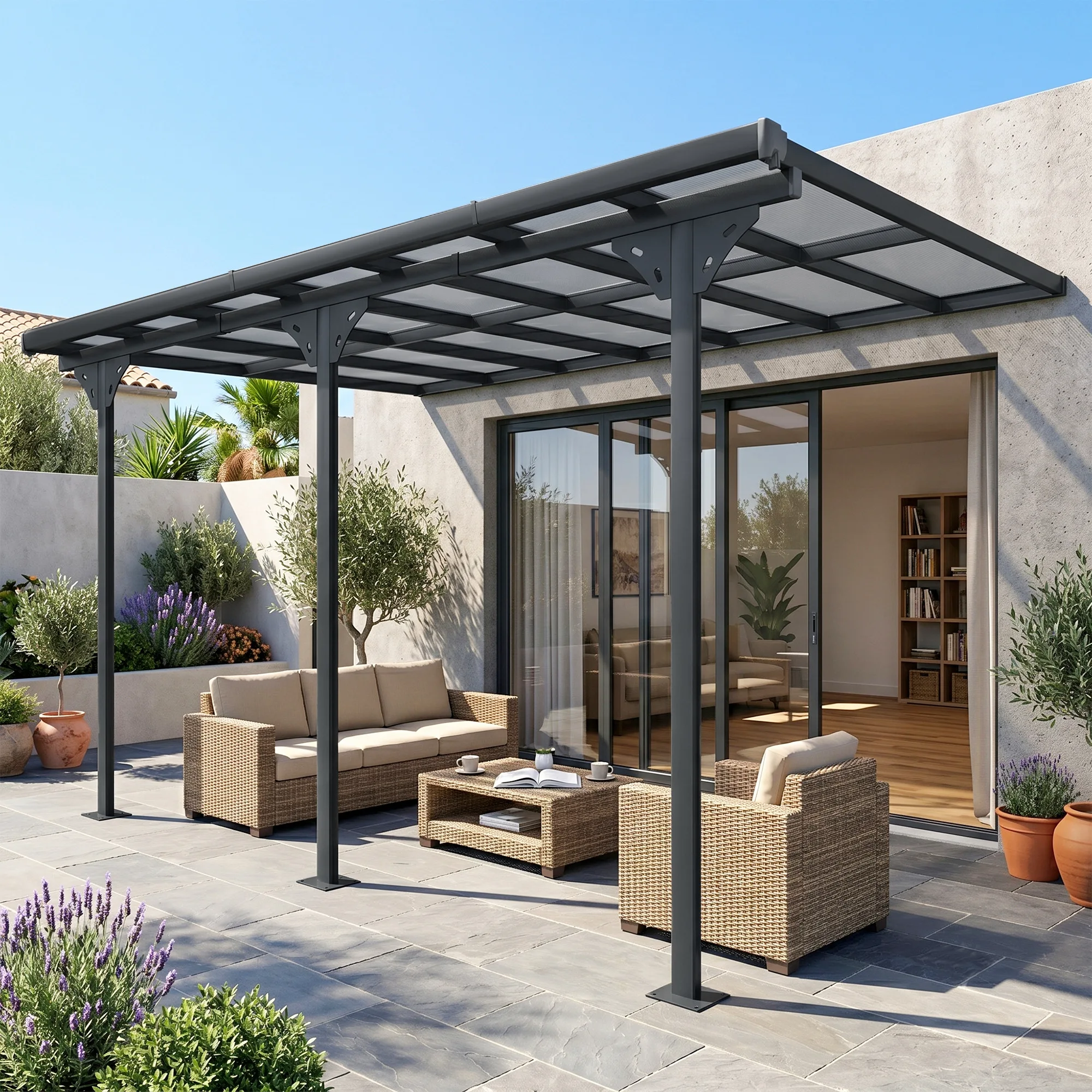 14.5' X 10' Outdoor Polycarbonate Pergola, Transparent Uv Blocking Awning, Hardtop Deck Gazebo W/ Adjustable Posts, Aluminum, Gray