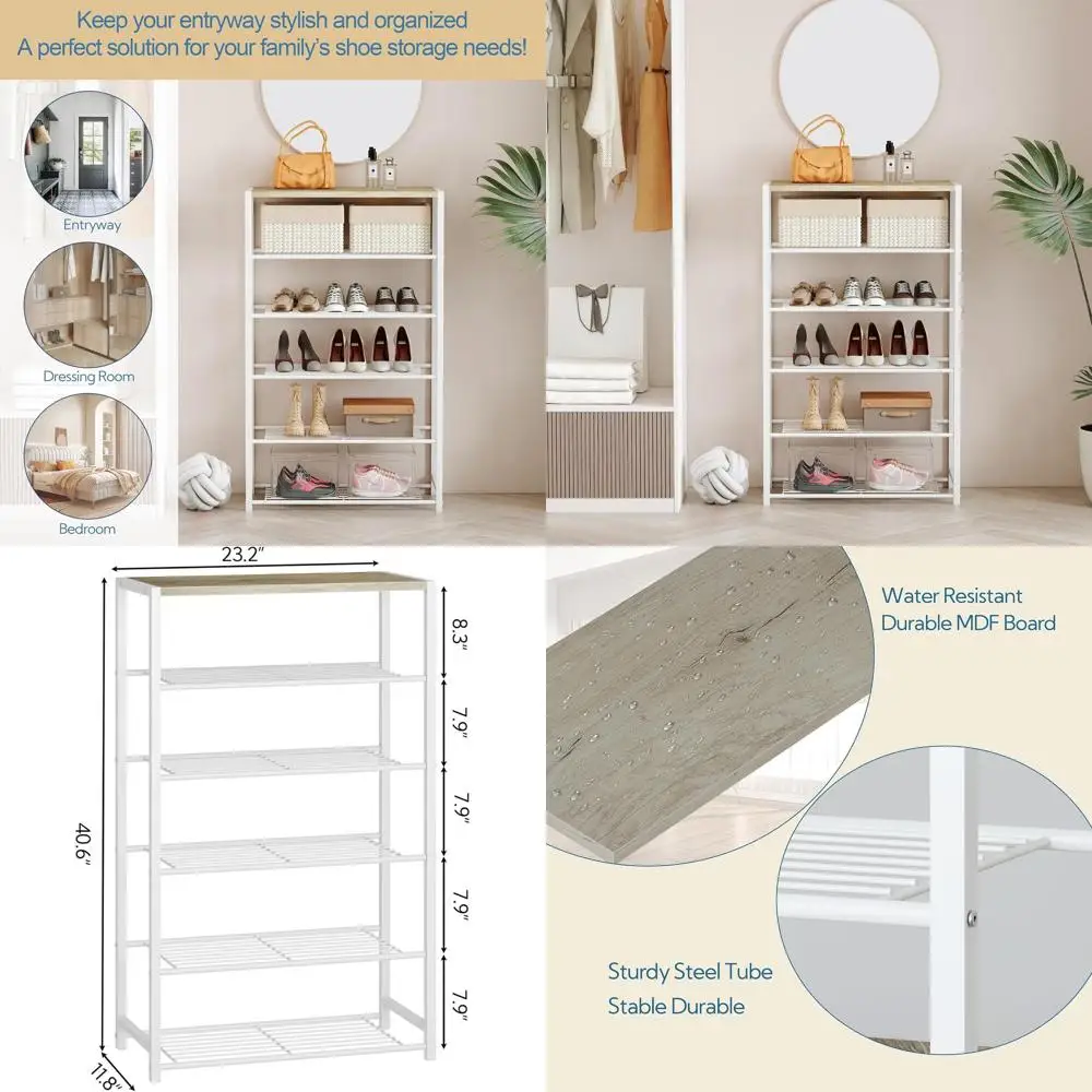 

6-Tier Metal Shoe Storage Rack, Narrow and Sturdy, Ideal for Closets and Entryways, White