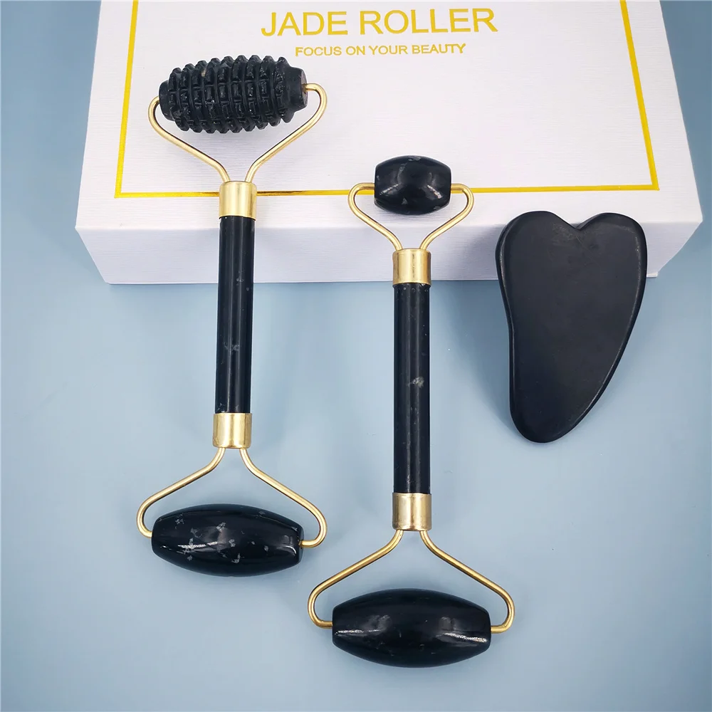 Obsidian Jade Roller เครื่องนวด Gouache Scraper สําหรับใบหน้าเครื่องมือดูแลผิวหน้าธรรมชาติ Body Back Beauty Lifting เครื่องนวดลูกกลิ้ง