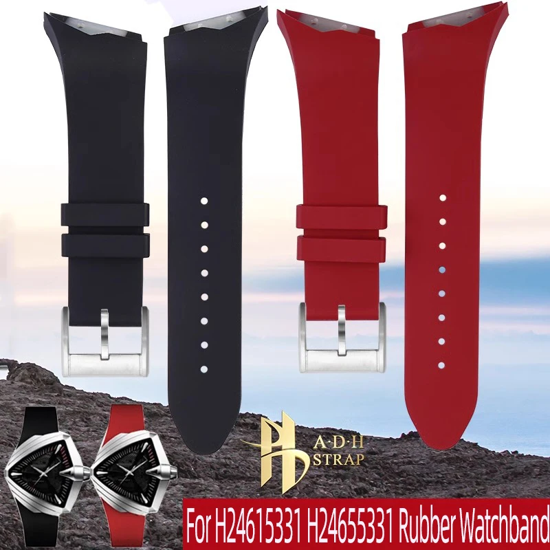 For Hamilton Ventura Series Black Man H24615331 H24655331 Rubber Watchband Special Silicone Strap Black Red Bracelet Wateroroof