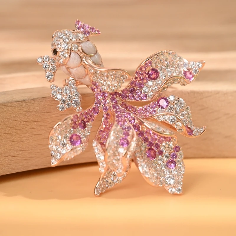

BELLUX S925 Sterling Silver Pearl Goldfish Pink Brooch Heavy Craftsmanship zircon Light Luxury Beautiful Brooches
