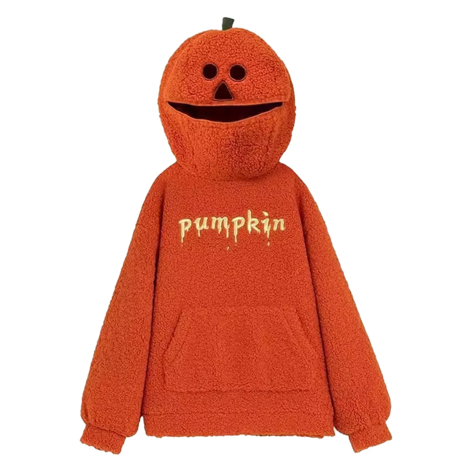 American Retro Pumpkin Head Hoodide For Women Men Winter Lamb Plush Orange Sweatshirt Loose Thickened Warm Couple Halloween Gift