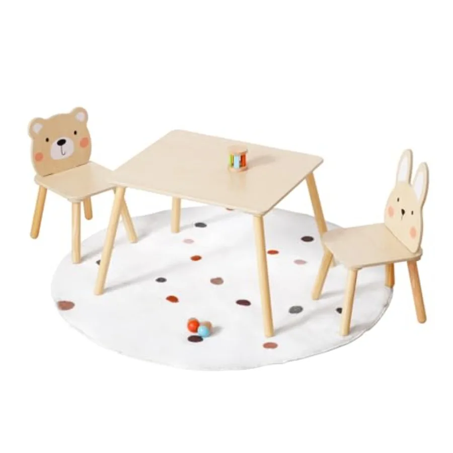 

Деревянный стол и стулья: очаровательный детский столик с 2 стульями в виде животных (кролик и медведь) для игровой комнаты, детского сада, дошкольных учреждений и детских садов.