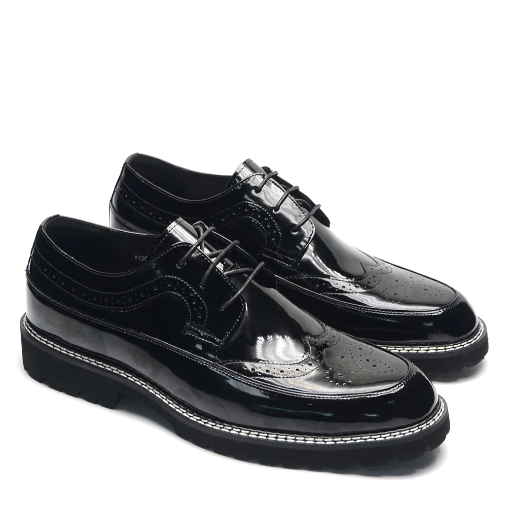 Men's Derby Black Patent Leather Formal Dress Luxury Shoes High Quality Thick Lightweight Sole Wingtip Brock Social Oxfords Male