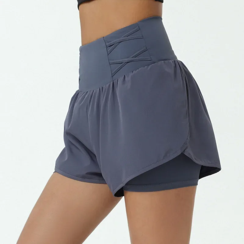 Fake two-piece sports shorts women's anti-light running training fitness marathon European and American high-waisted shorts
