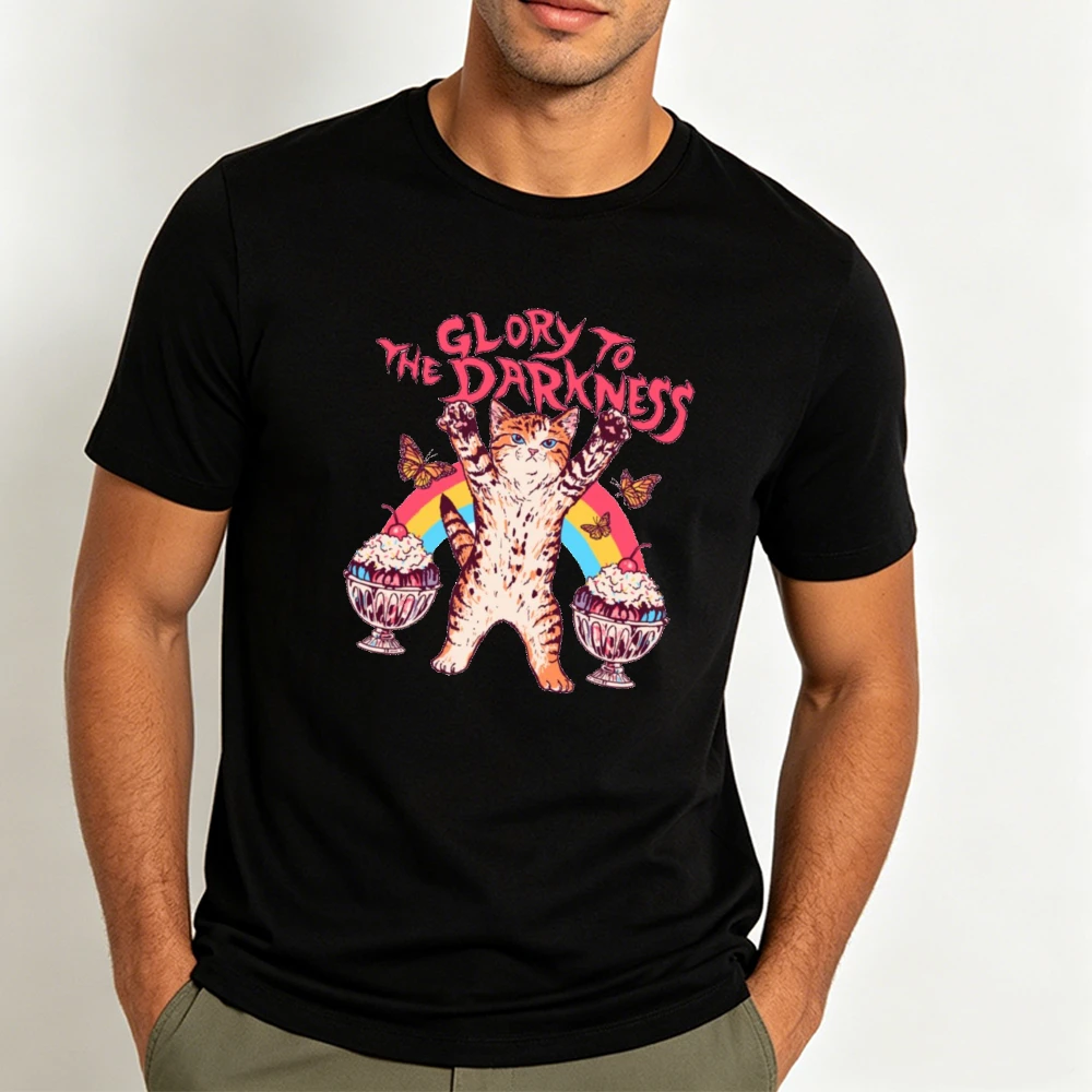 Glory To The Darkness Rainbow Cat Sundae Butterfly Men Summer T Shirt Whimsical Wild Weird Cartoon Casual Daily Holiday Tee