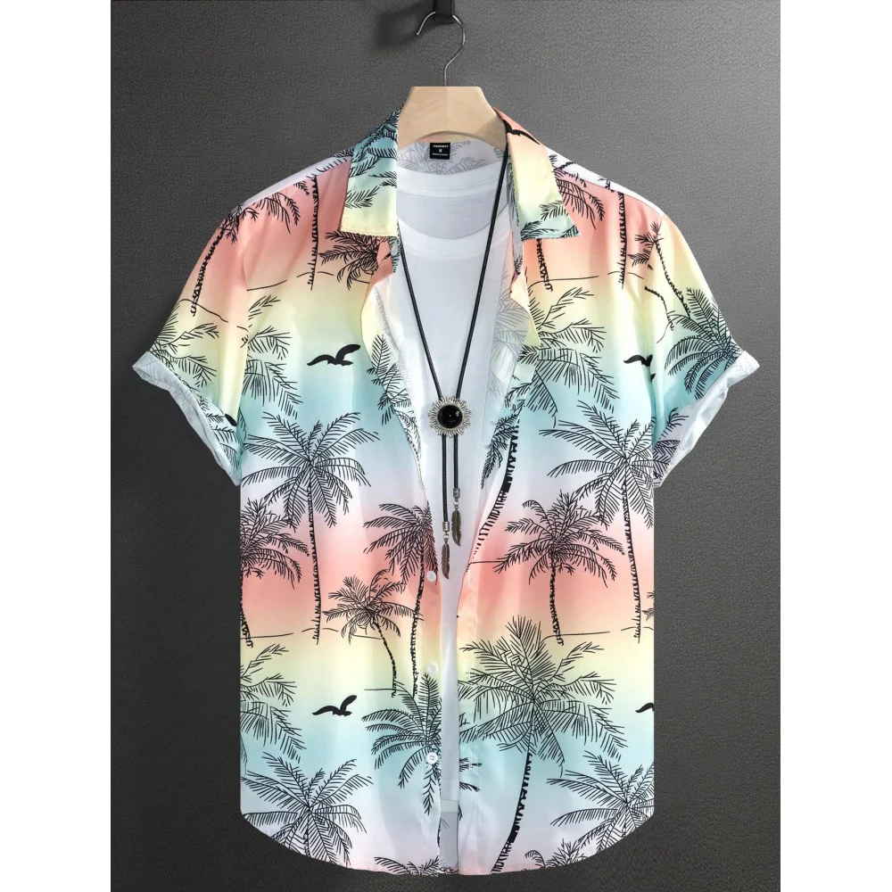 Hawaiian Botanical Flower Print Men's Short Sleeve Lapel Seaside Button-Down Shirt Top Casual Fashionable Shirts Beach Blouse