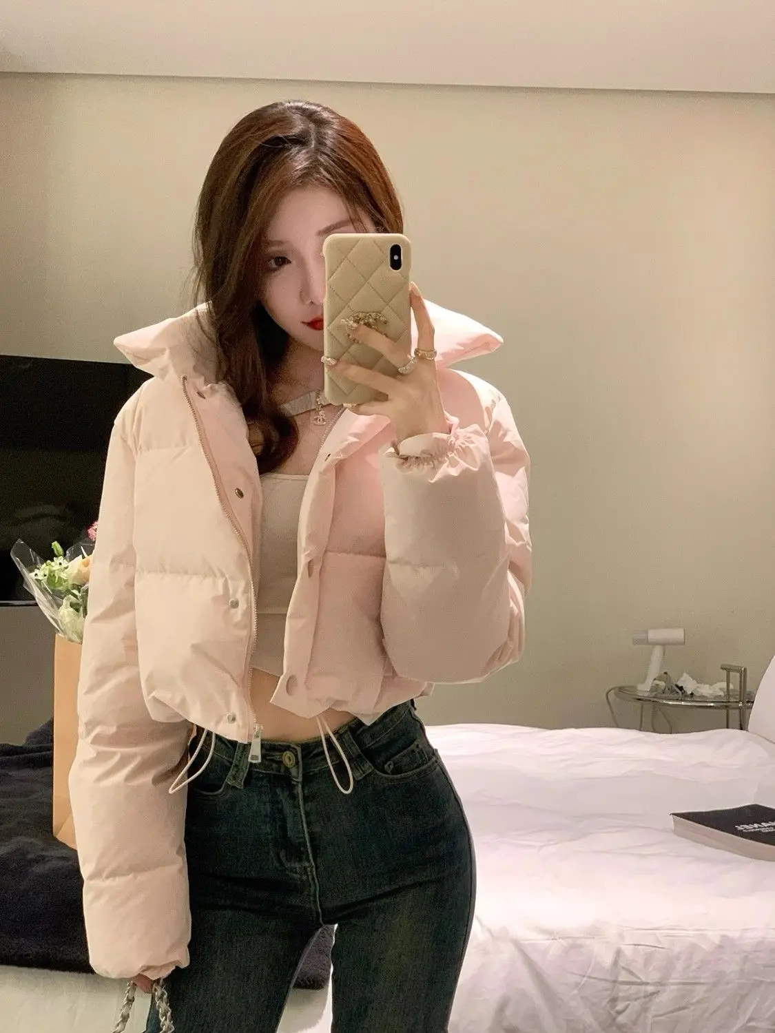 Korejpaa Light Pink Parkas Mujer Korean Fashion Warm Short Jacket Solid Color Long Sleeve Top 2024 Winter Coat Women Clothes