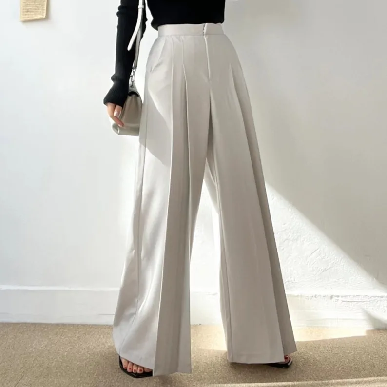 High Waist Wide Leg Casual Pants Women's Fashion Design Pleated Detail Draping Sensation Casual Trousers for Ladies