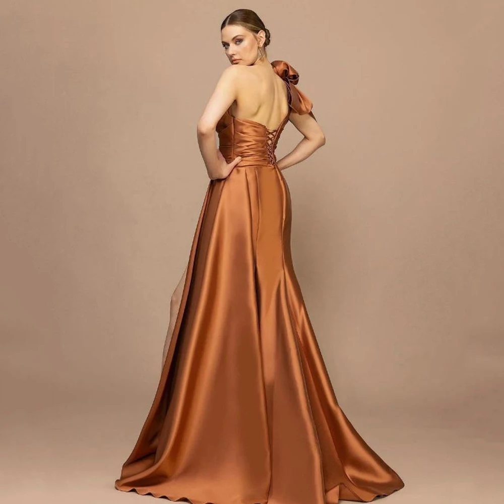 Customized Simple Satin Sequined Bow Ruched A-line One-shoulder Long Dresses Homecoming Dresses Retro Fashion Elegant Exquisite