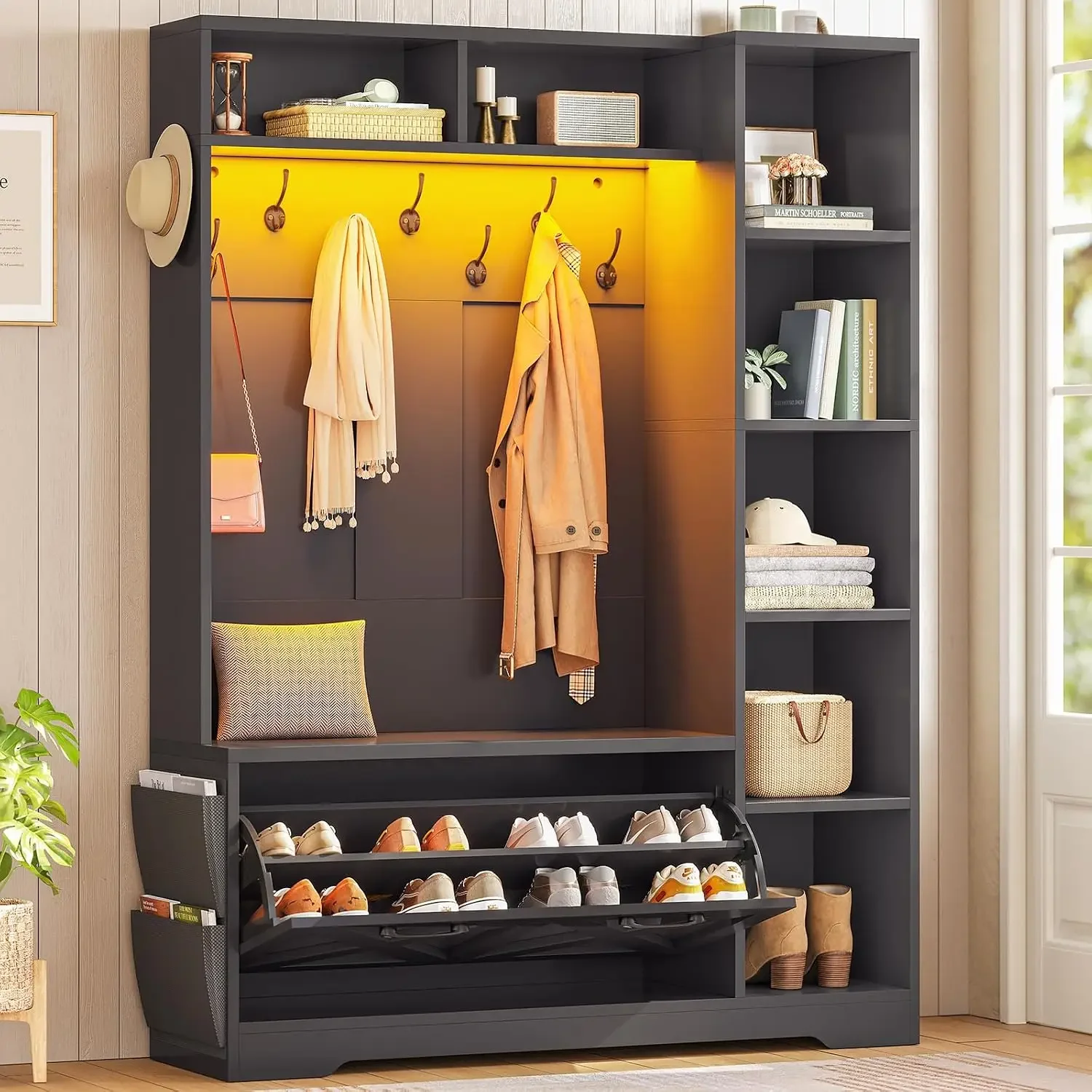 Hall Tree with Bench and Shoe Storage, Farmhouse Entryway Bench with Coat Rack, Shoe Cabinet with Flip Drawers, 7 Shelves, 10 Co
