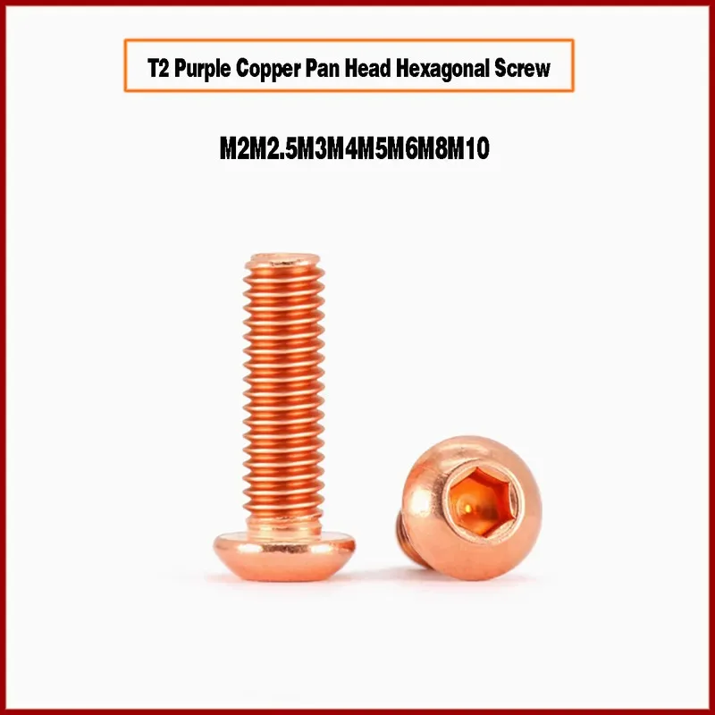 T2 Purple Copper Conductive Bolt Hex Socket Pan Head for Grounding Bus Bar and Heat Sink Application M2 M2.5 M3 M4 M5 M6 M8 M10