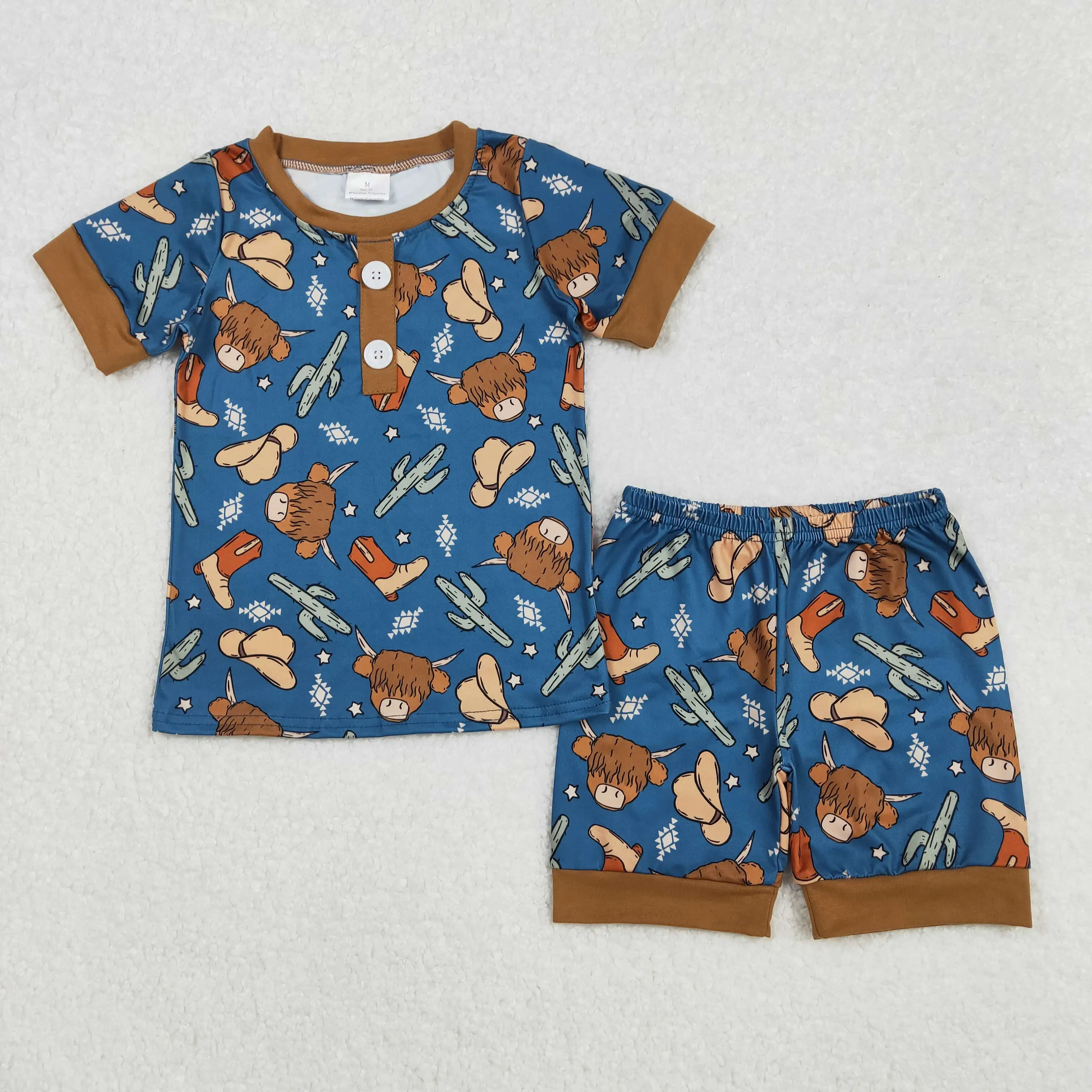 BSSO1232 Baby Boys Western Highland Cow Cactus Shirts Shorts Pajamas Clothes Sets