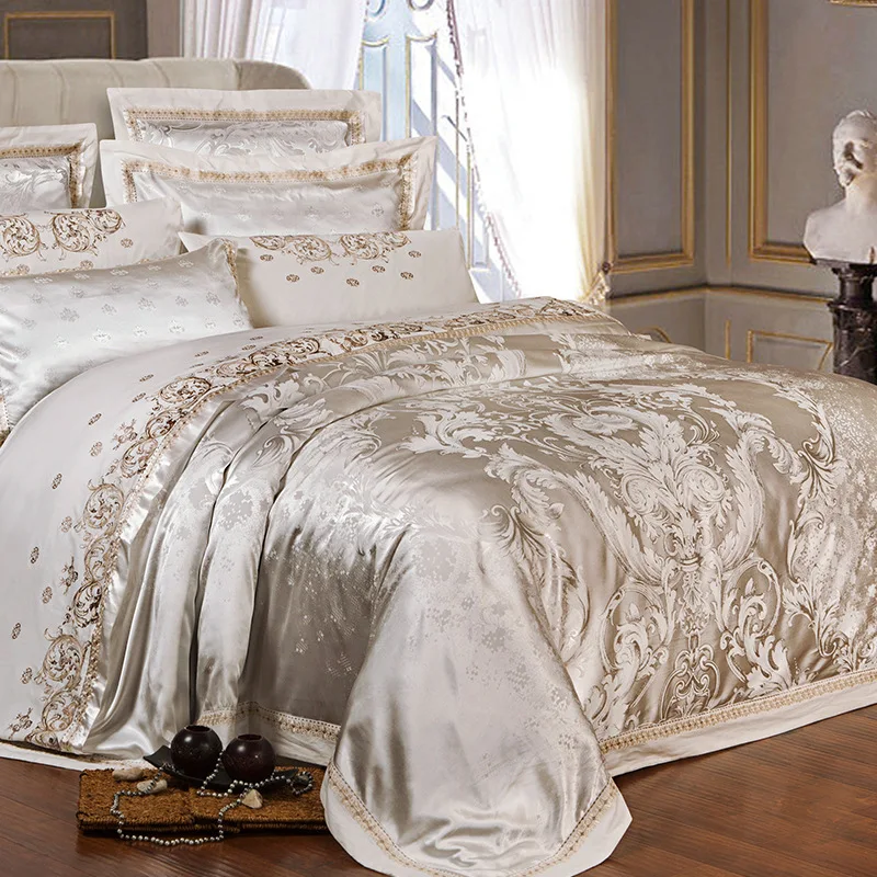 Non-pilling European luxury ice silk bed four-piece set of pure cotton 100 cotton satin jacquard quilt set 4-piece set