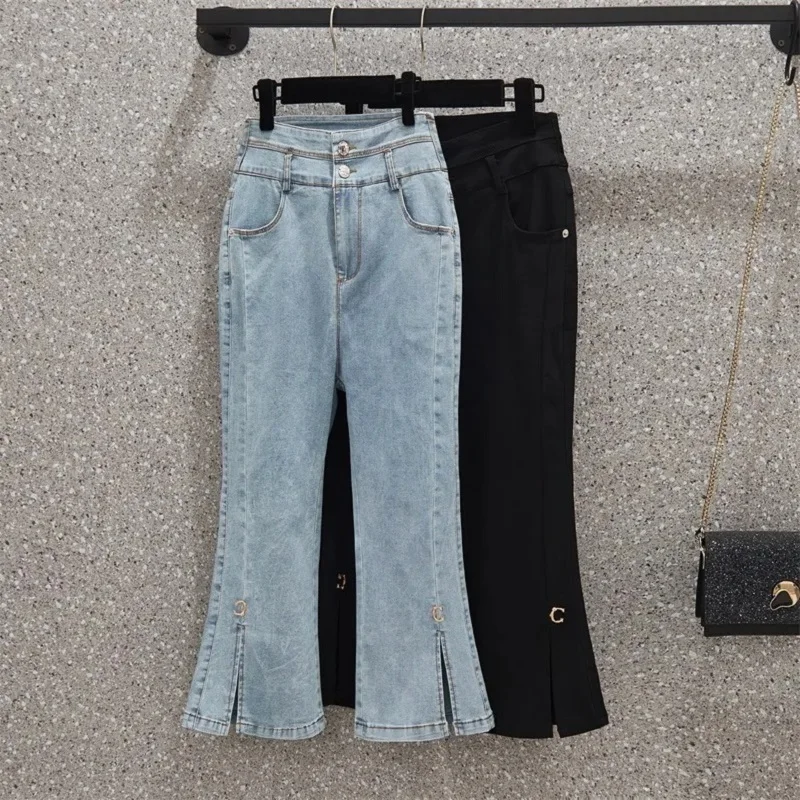 Womens Jeans 2024 Spring Autumn New Vintage Split Elastic High Waist Denim Pants Female Large Size Denim Cropped Pants