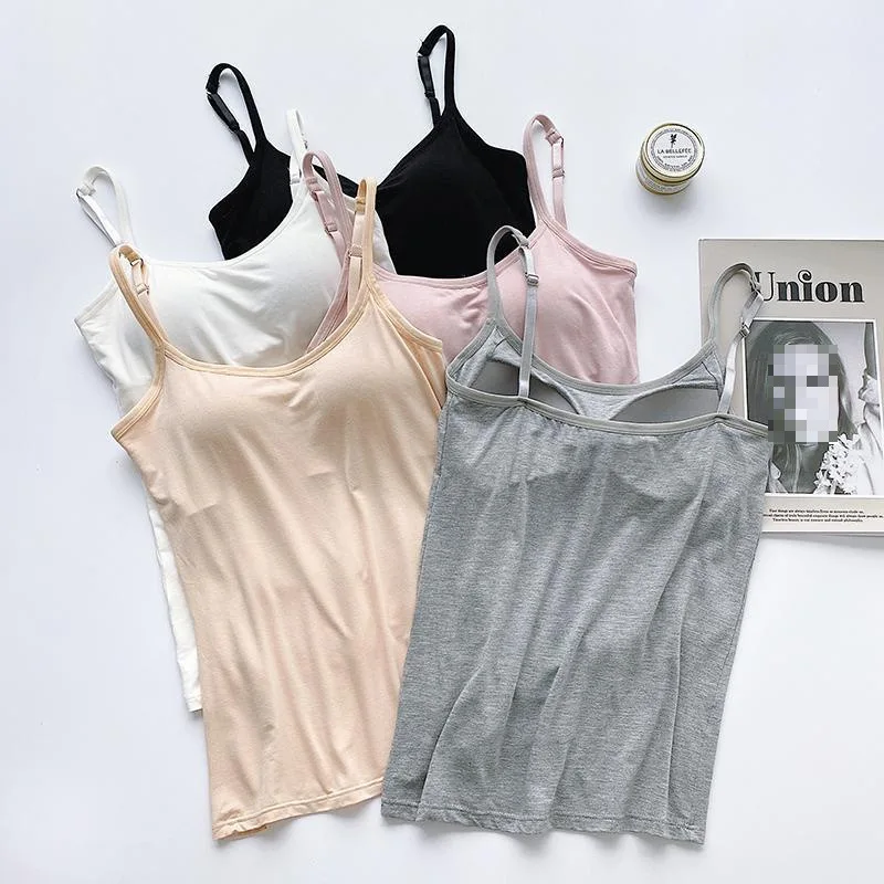 2020 Women Solid Tank Tops Adjustable Strap Built In Cup Padded Wireless Camisole Camis Vest Female Home Basic Tank Top