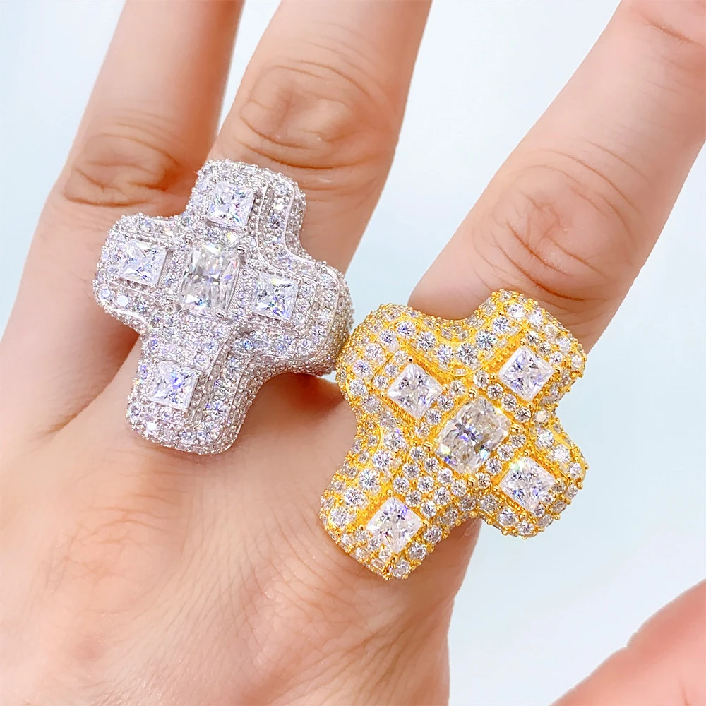 Imagem -05 - Big Cross Moissanite Anéis para Homens e Mulheres Iced Out Anéis S925 Prata Anel de Casamento Dedo Jóias Passe Diamantes Tester