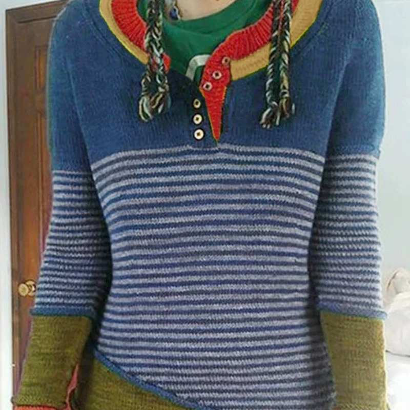 

New striped color blocked knitted sweater women's single breasted pullover top casual versatile sweater