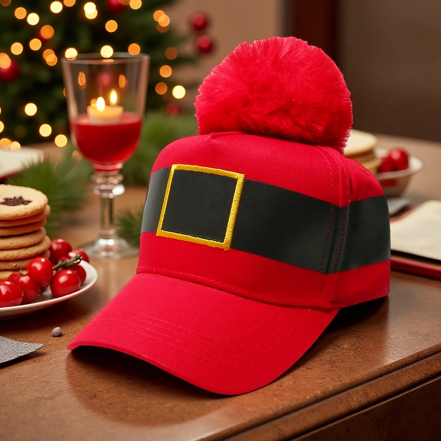 Christmas Baseball Cap - Adjustable Red & Black Stripes Unisex, Soft Pom-Pom Santa Hat, Outdoor Casual Party Accessory, Holiday