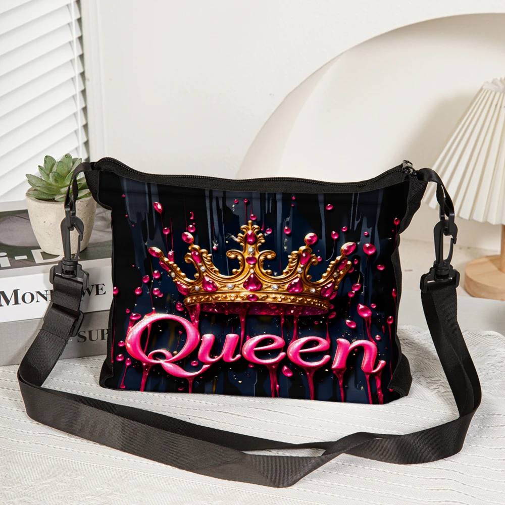 1pc Queen Crown Print Crossbody Bag Black With Pink And Gold Design Shoulder Bags For Women Fashion Statement Accessory