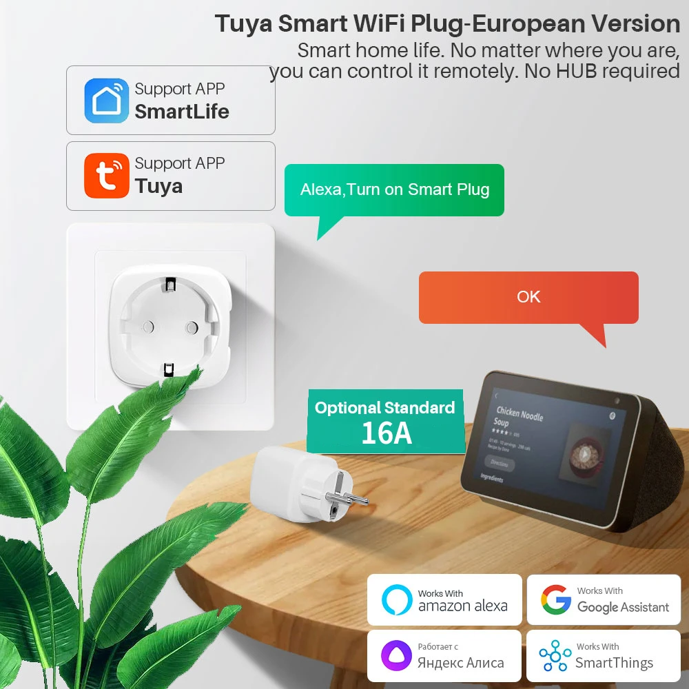 Tuya Smart Life Matter WiFi Smart Plug EU 16A Home Appliance Outlet Power Monitoring Socket Voice Control for Alice Alexa Google