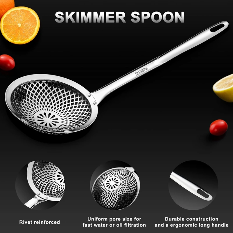 Skimmer Spoon,304 Stainless Steel Strainer Spoons, Metal Cooking Skimmer Deep Fryer Scoop,Dia 4.3 & 5.9 Inch-A14I