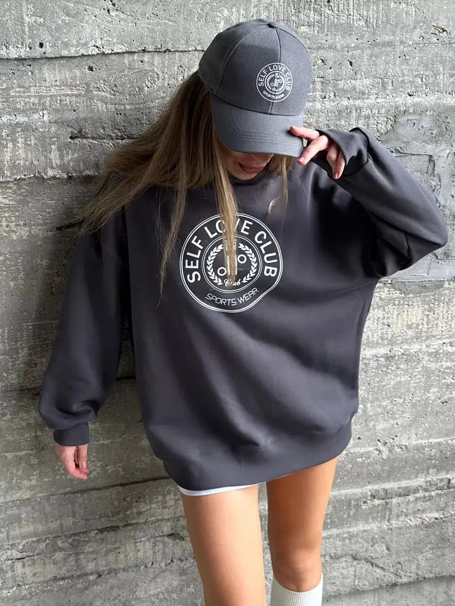 Bluza z nadrukiem Amerykański Klub Samopoczucia, okrągły dekolt, oversize, 6 kolorów, różowa, szara, dla par, moda uliczna, jesienna bluza