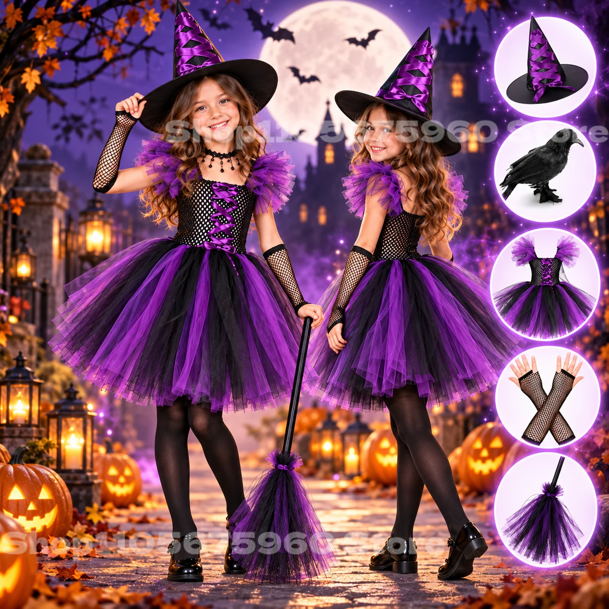 Best Sale Witch Halloween Costume Girls Mesh Party Dress with Wizard Hat Broomstick Mitts Christmas Stage Cosplay Garment