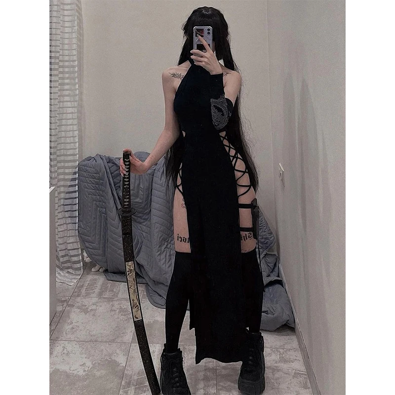 Goth Dark Cosplay Hoge Split Sexy Bandage Vrouwen Jurken Y2K Mall Gothic Halter Slanke Midi Jurk Zwart Grunge Stijl Alt Partywear - afbeelding 2