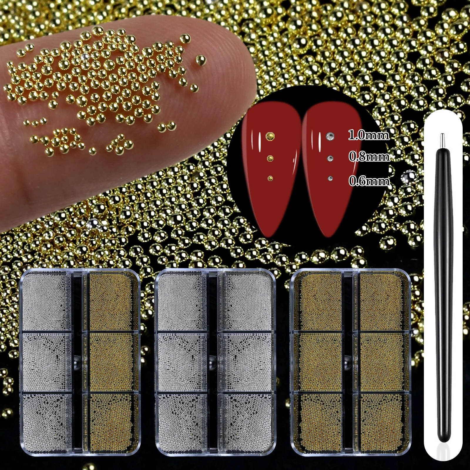6 griglie mini caviale perline decorazioni per nail art metallo oro/argento micro sfera pendenti per unghie penna magnetica sfera gioielli per nail art fai da te