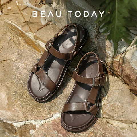 Женские сандалии-гладиаторы BEAUTODAY из коровьей кожи, однотонные, с круглым носком, открытые, на плоской подошве, с ремешком на пряжке, ручной работы, MS3D114