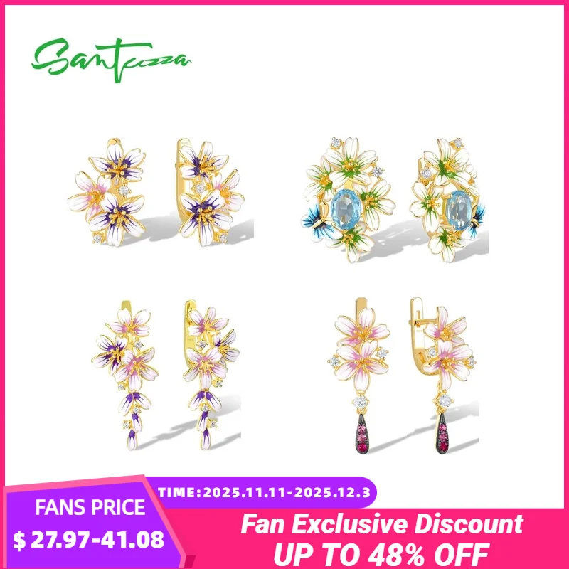 

SANTUZZA 925 Real Sterling Silver Drop Earrings For Women Exquisite Flower Wedding Engagement Elegant Fancy Enamel Fine Jewelry