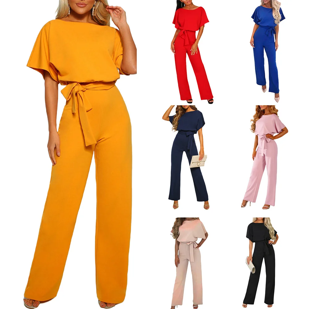 New Summer Candy Colour Jumpsuit for Women Casual Short Sleeve Hollowed Waist Tie Solid Elegant Jumpsuit for Party Club Rompers