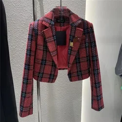 2023 Jacke Frauen Plaid Wolle hoch taillierte ultra kurze Blazer Mantel Frühling Herbst Mode Dame Anzug kleine Oberbekleidung Casual Top