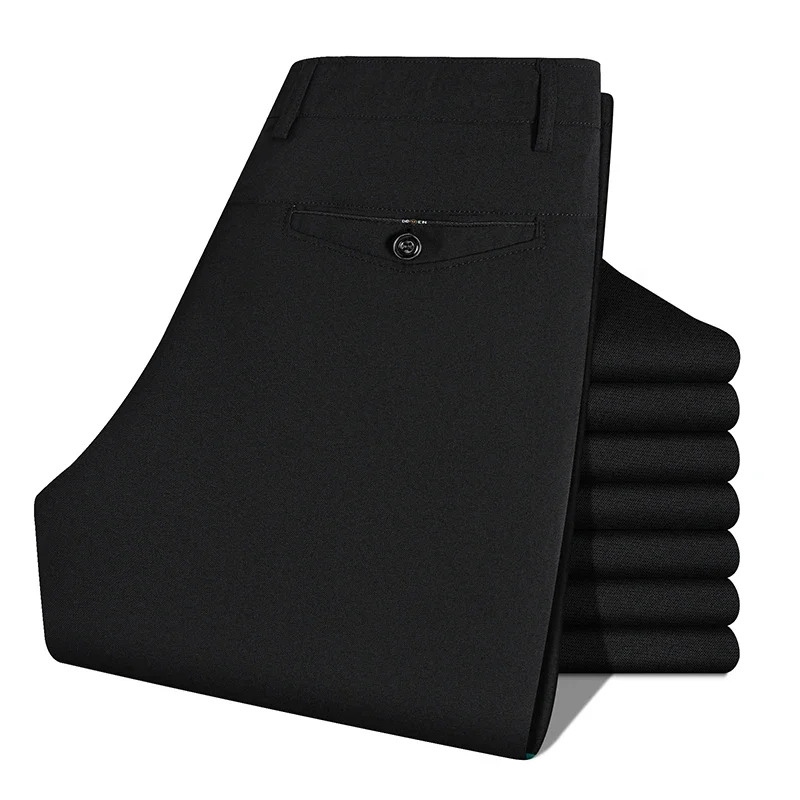 Calças Masculinas de Linho Texturizado, Corte Reto, Comprimento Total, Casual de Negócios, Com Botão Único e Zíper, Resistentes a Rugas, Para Escritório