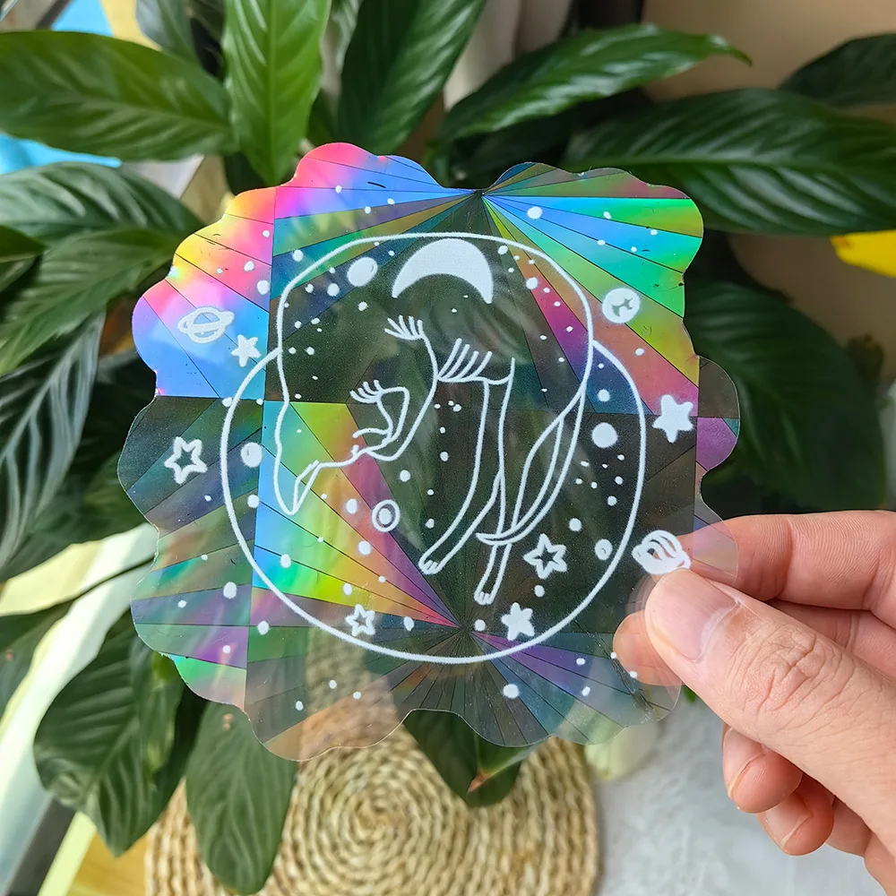 3D Rainbow Sun Catcher Wall Stickers Cat Bear Wolf Spaceship Planet Suncatcher PVC Film Self Adhesive Decal Sticker Home Decor