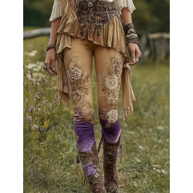 بنطلون نسائي لباس ضيق مريح كاجوال على الطراز البوهيمي زهور خصر مرن يسمح بمرور الهواء مريح قابل للتمدد في عطلة الشارع #5