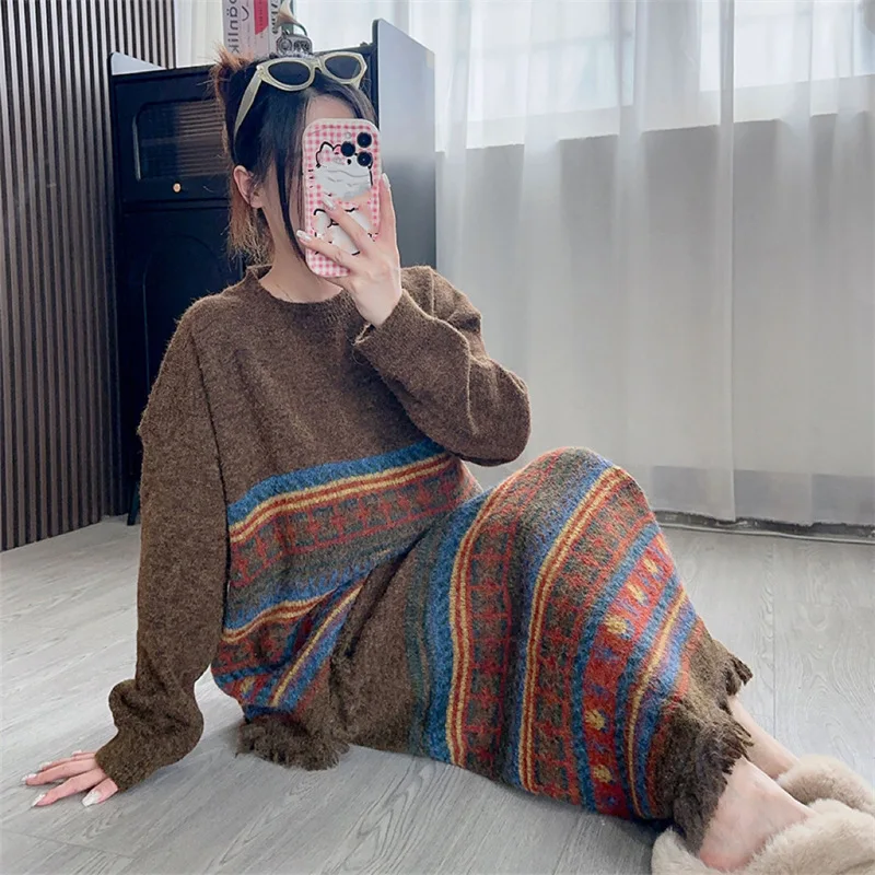 

Knit Skirt Sets Women Two Piece O Neck Striped Sweaters Elastic Waist Skirts Casual Spliced Knitted Suits Streetwear Winter