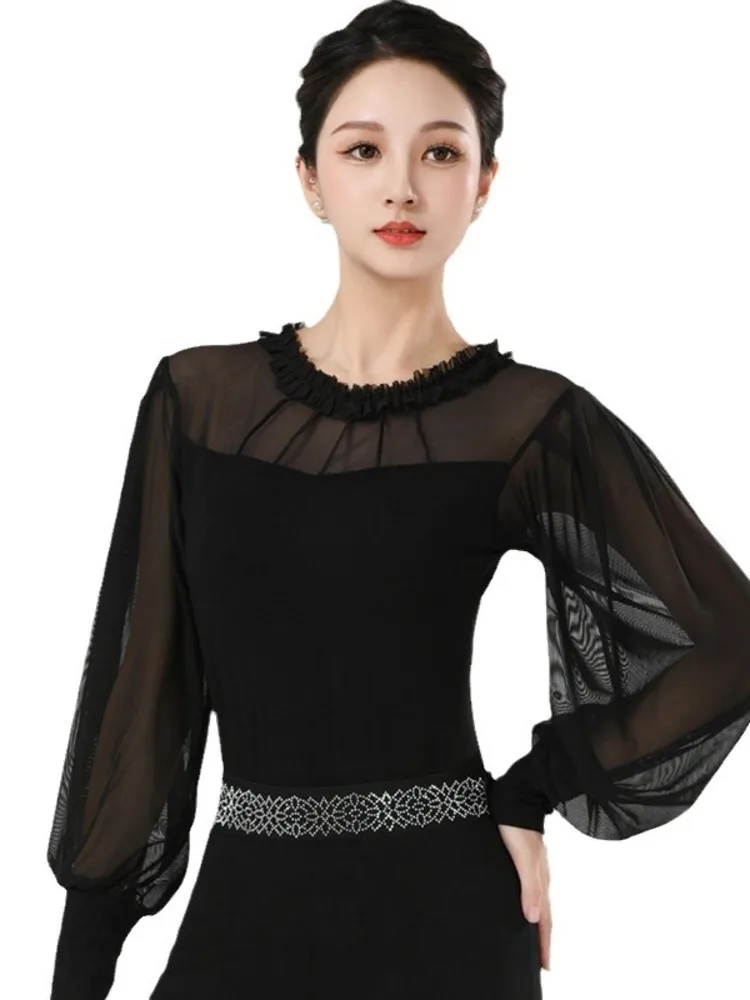 Mesh Patchwork Latin Dance Practice Suit Ballroom Belly Costume Long Sleeves Top Women Waltz Classical Line New Rhinestones Pant