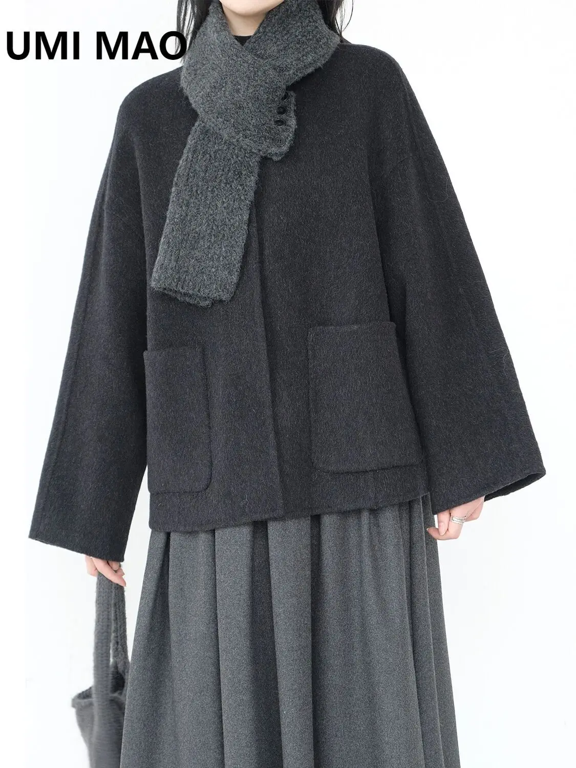 UMI MAO Niche Design 100% Wool Double-sided Woolen Short Coat Loose Casual With Scarf Thick Jacket Femme Y2K