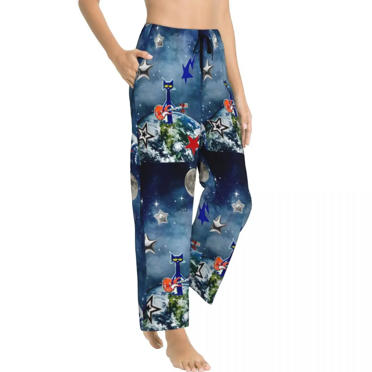 Lady's Pajama Pants Pete The Cat Earth Space Guitar Lounge Pants Comfy Sleepwear Dorm